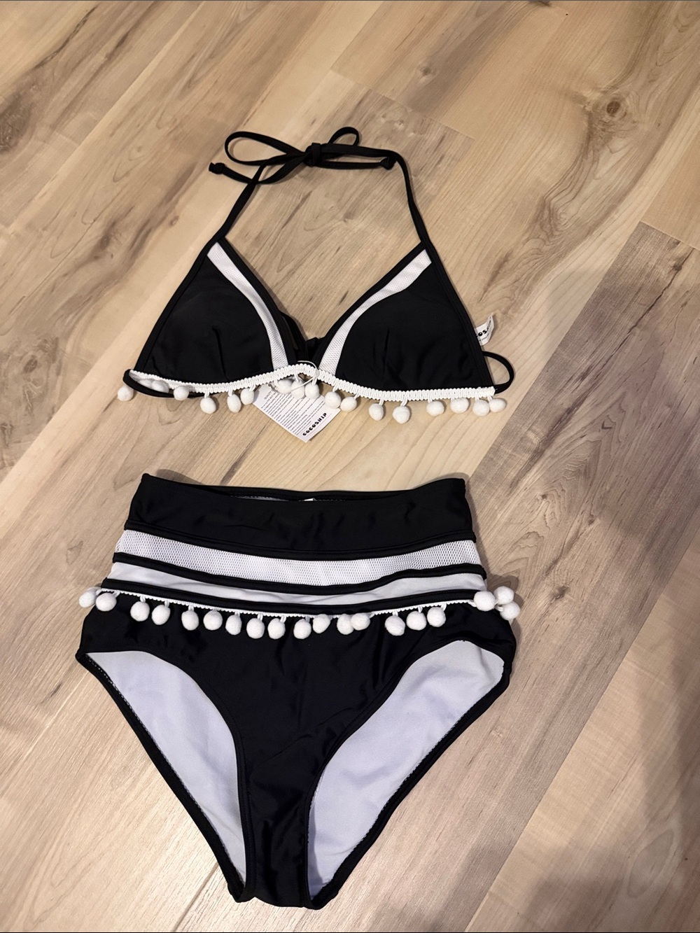 NWT size 6 padded bikini set, black with white pom pom detail
